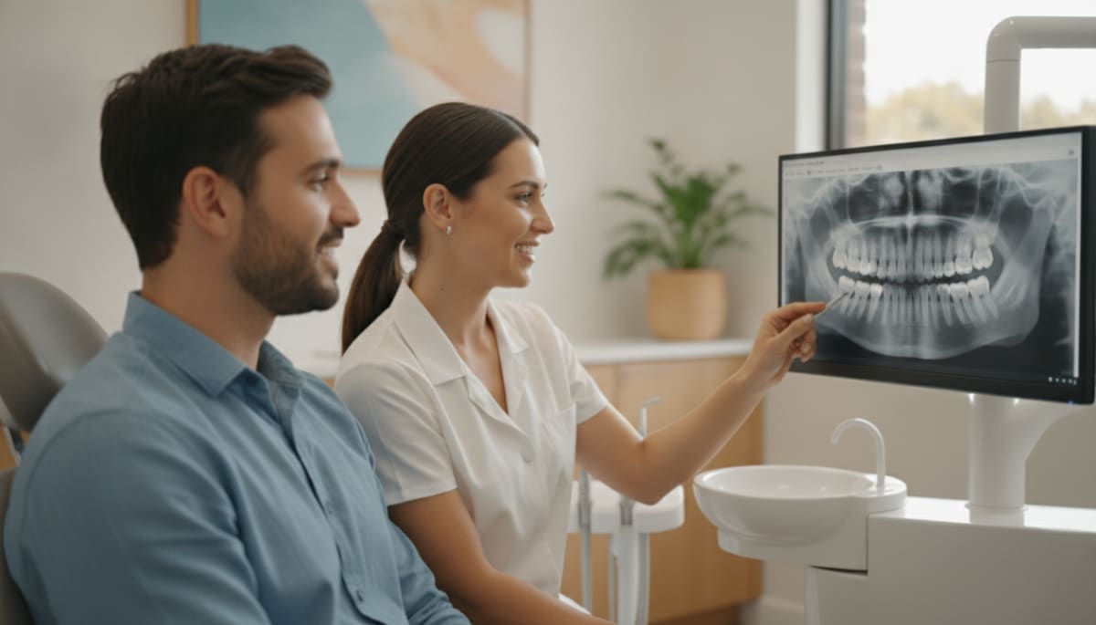 Dentist and patient reviewing a dental x-ray during a wisdom teeth consultation.