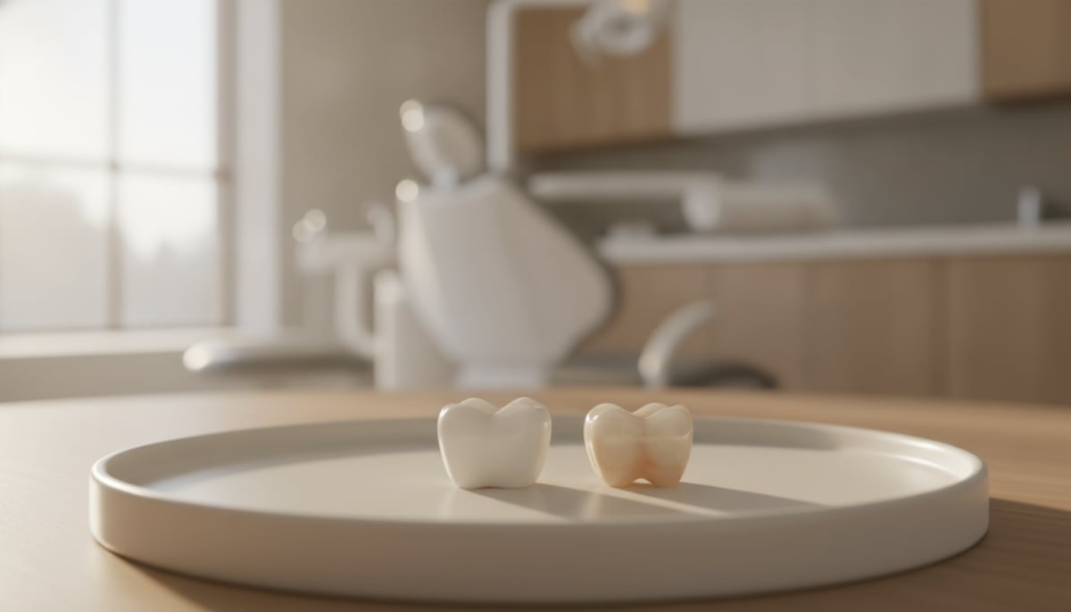 Two clean dental crown models on a tray comparing zirconia and porcelain.