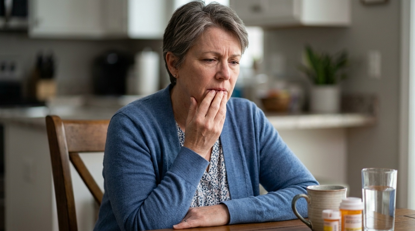 Woman sitting in her kitchen, concerned with symptoms of burning mouth syndrome.