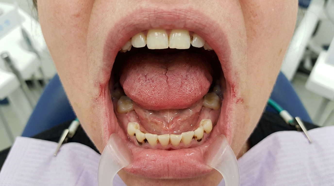 Clinical photo of RA oral manifestations: severe dry mouth, atrophic tongue, cervical caries, and angular cheilitis.