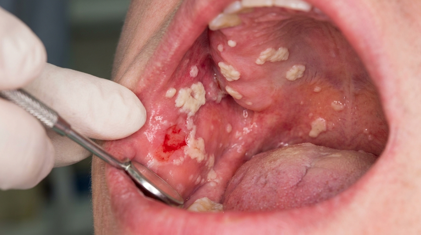 Illustration of the inside of the cheek and tongue showing creamy white, curd-like patches that wipe off to reveal a red base, typical of pseudomembranous candidiasis (oral thrush).