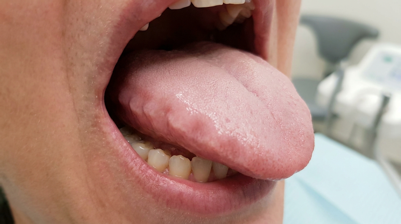 Photo of macroglossia: an enlarged tongue with crenations from teeth, an oral sign of hypothyroidism.