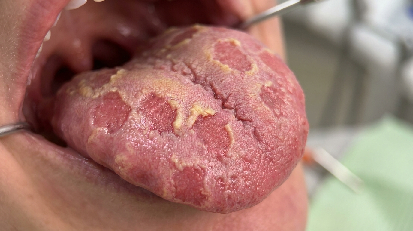 Photograph of the upper surface of the tongue in a patient with psoriasis showing red atrophic patches with serpentine white borders — geographic tongue pattern often seen with cutaneous psoriasis.
