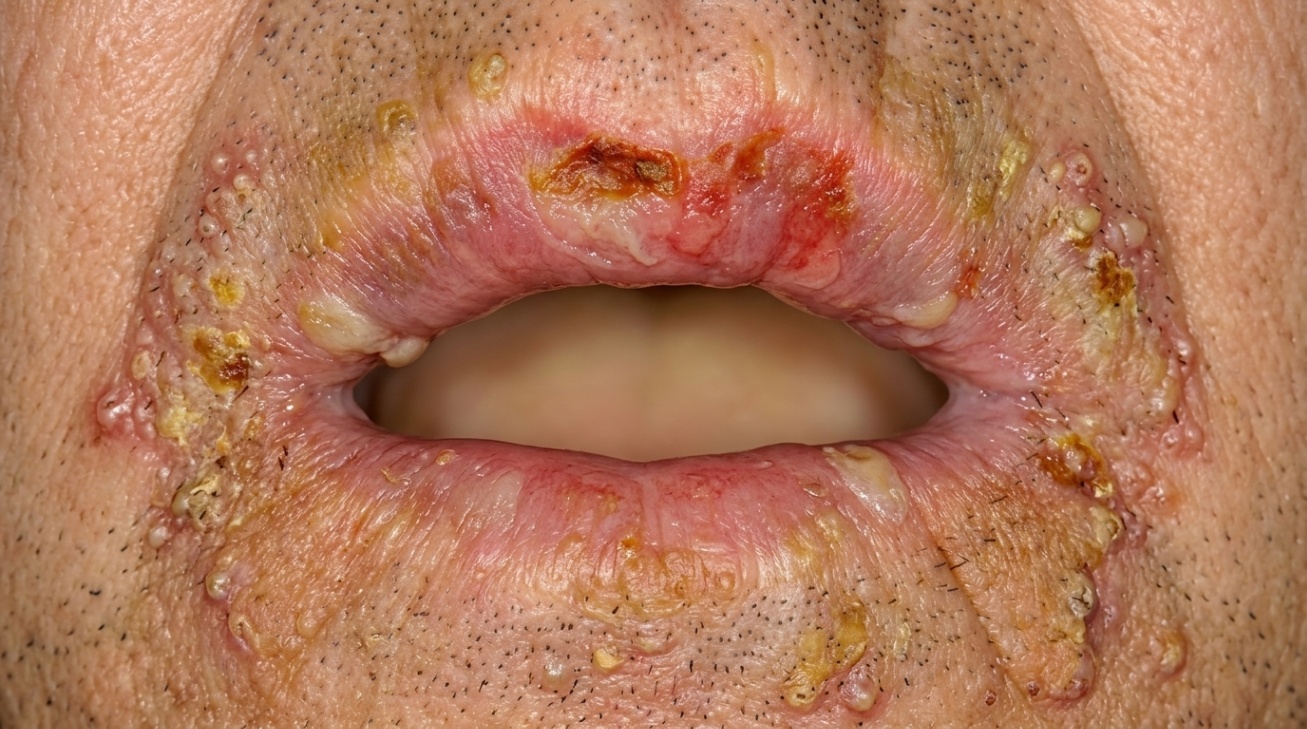 Close-up of lips affected by pemphigus vegetans, with flaccid blisters, yellow-crusted erosions and hemorrhagic crusting across the vermilion border and perioral skin.