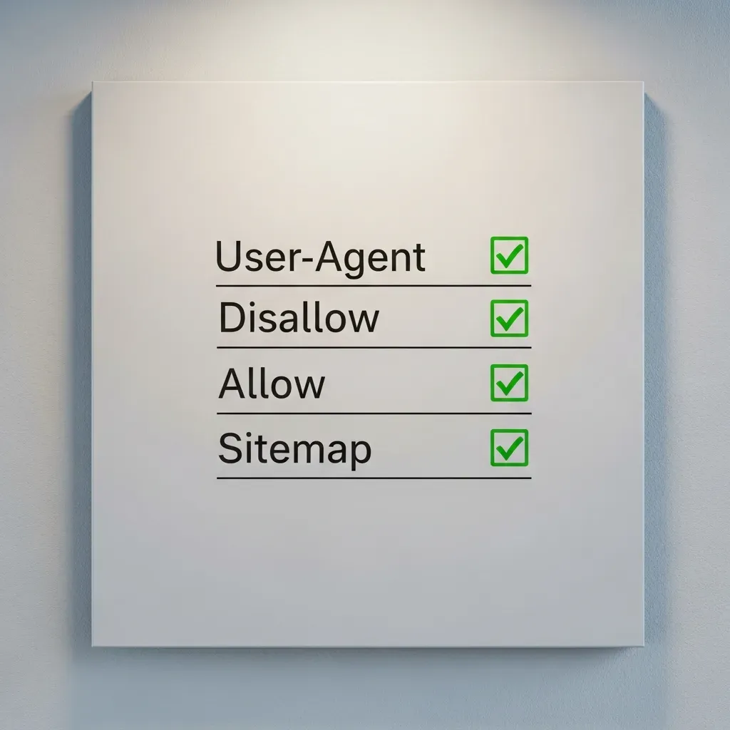 Ilustração mostrando checklist com itens do arquivo robots.txt, incluindo User-Agent, Disallow, Allow e Sitemap.