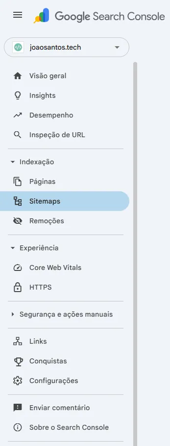 Menu lateral do Google Search Console com a seção Sitemaps destacada