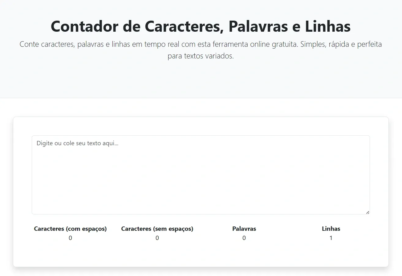 Painel da ferramenta de contagem de caracteres, palavras e linhas