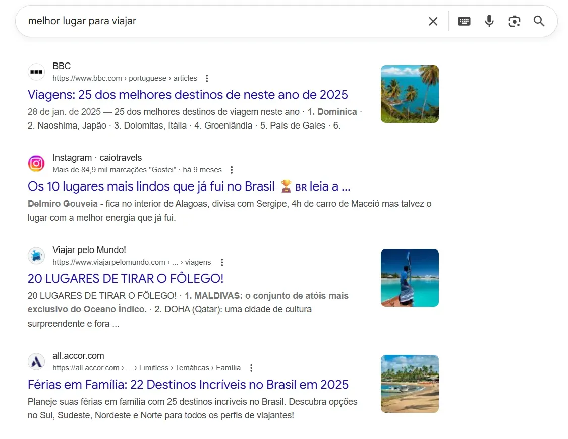 Exemplo de página de resultados de busca no Google para a pesquisa 