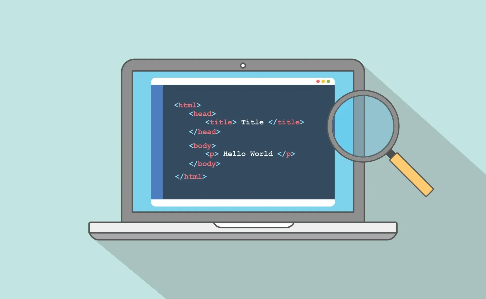 Ilustração de notebook com código HTML na tela, com uma lupa ao lado