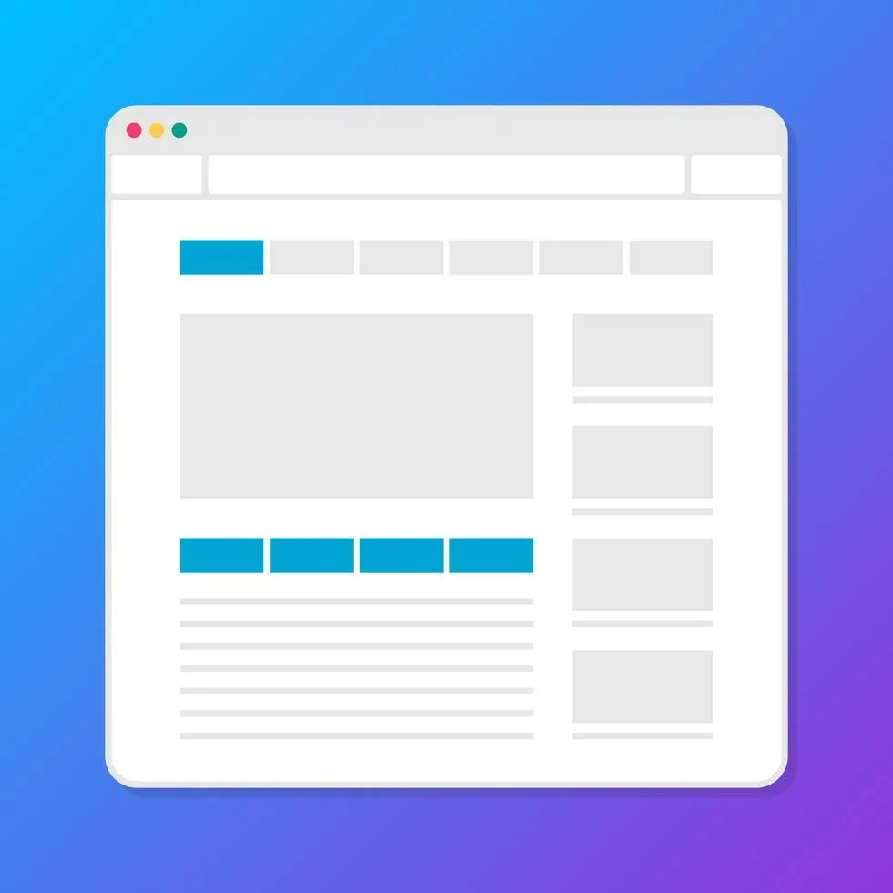 Ilustração minimalista da interface de um site dentro de uma janela de navegador, com layout de blocos cinzas e detalhes em azul