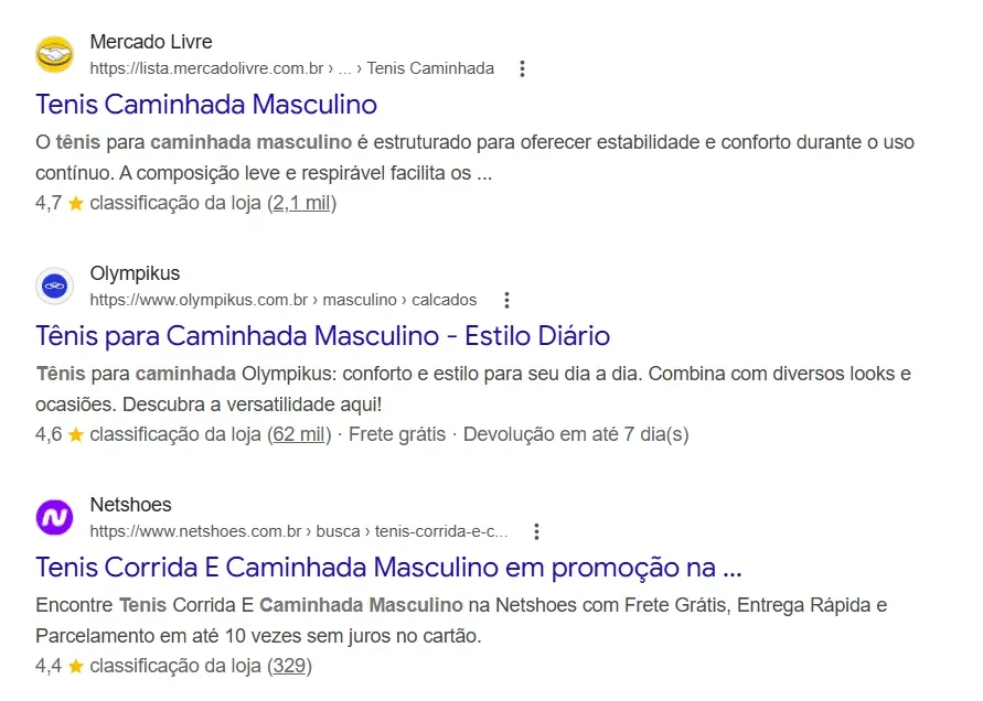 Resultados de busca no Google para “tênis de caminhada masculino” com rich snippets exibindo avaliações, frete grátis e promoções