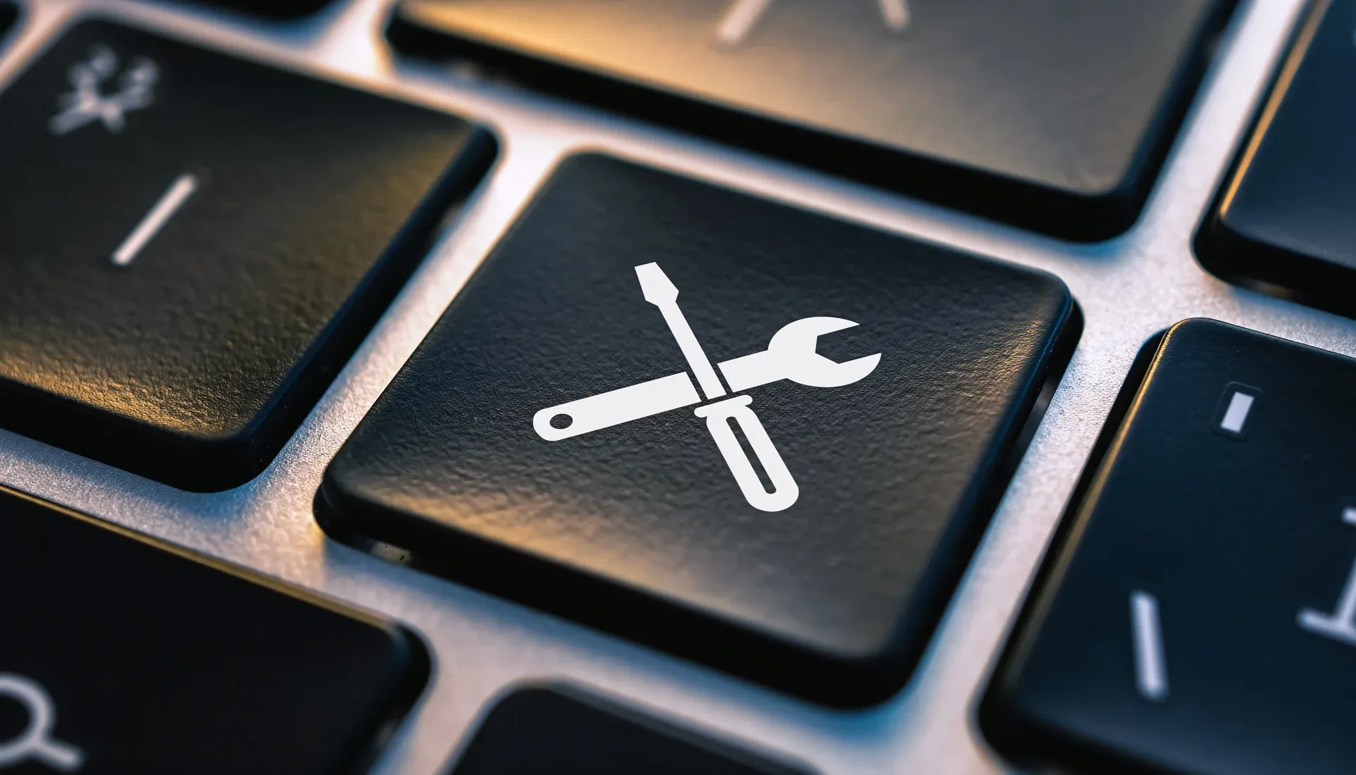 Tecla de teclado com ícone de ferramentas cruzadas (chave inglesa e chave de fenda), representando configurações ou manutenção de sistema