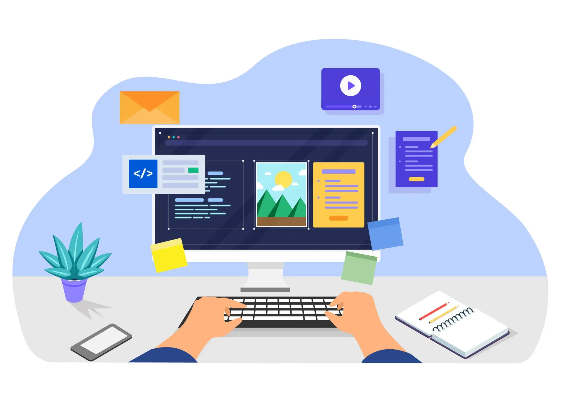 Ilustração de pessoa digitando em computador com interface de criação de site e elementos de design ao redor