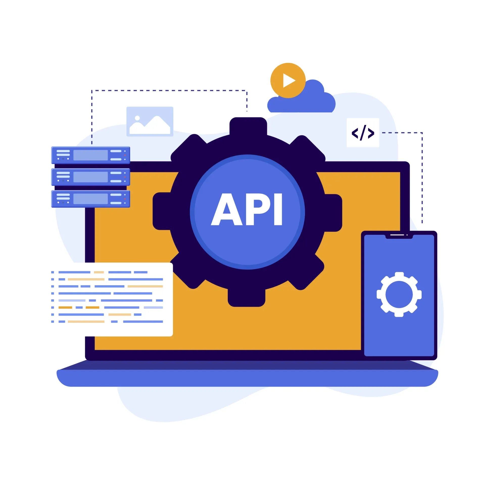 Ilustração de API com engrenagem, código e integração entre dispositivos