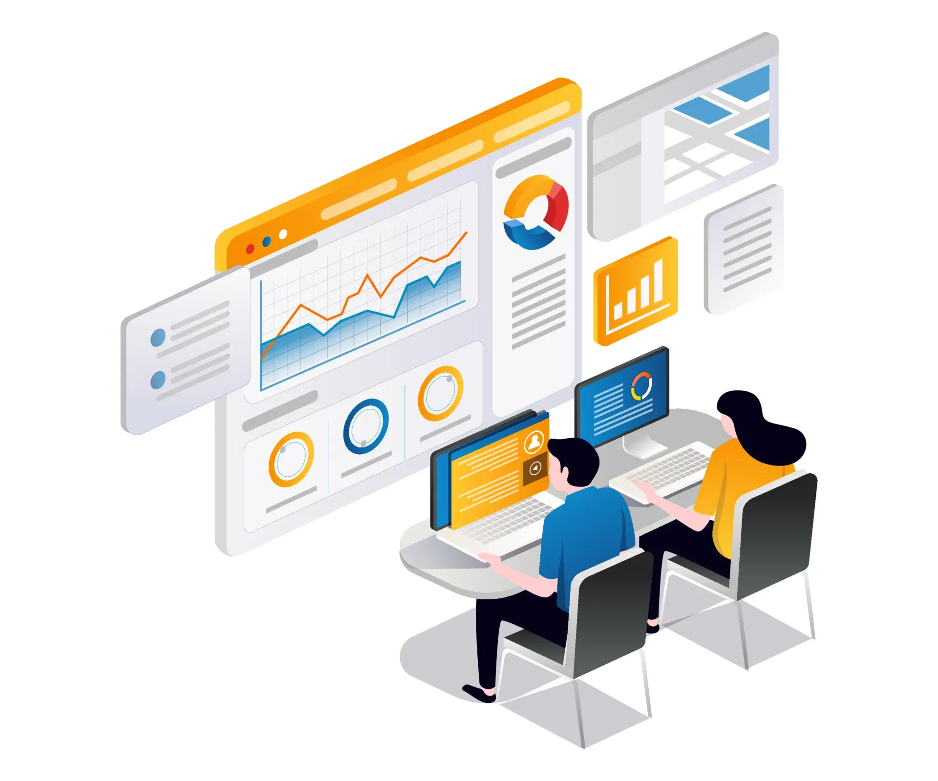 Ilustração de equipe analisando dashboard com gráficos e indicadores em múltiplas telas.