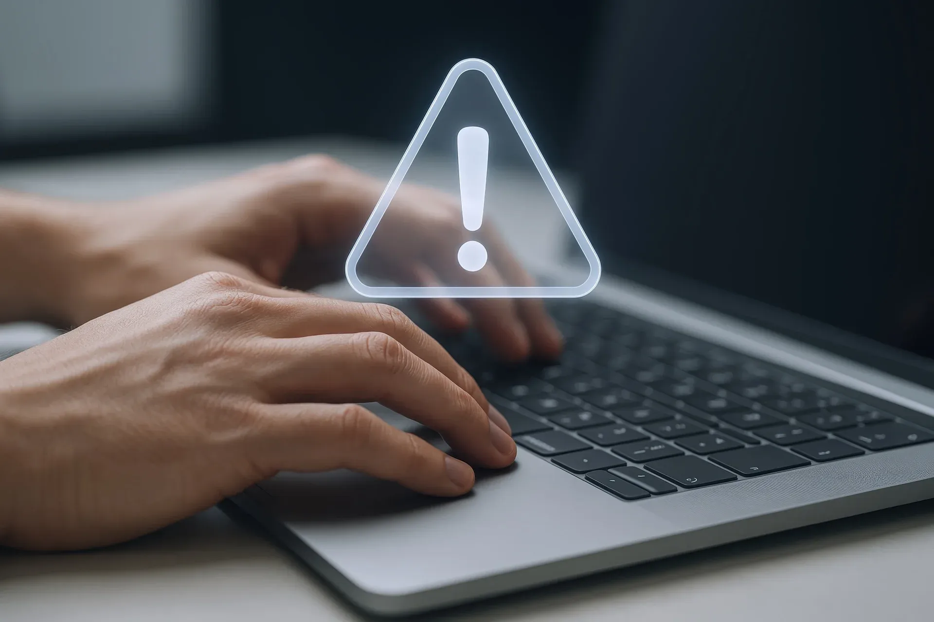 Pessoa digitando em notebook com ícone de alerta de segurança sobreposto na tela