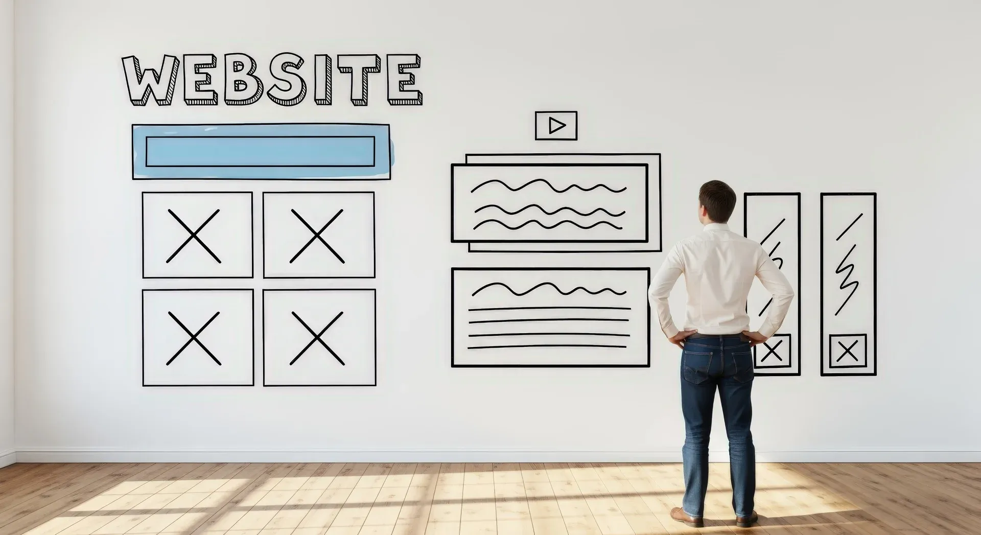 Pessoa observando esboço de layout de website desenhado em uma parede