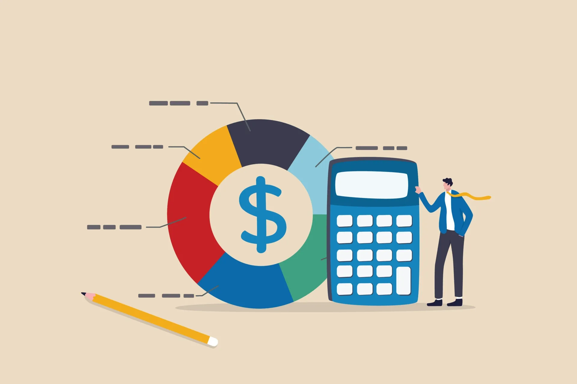 Ilustração de estrutura de custos e equilíbrio entre despesas e receitas com gráfico circular e calculadora