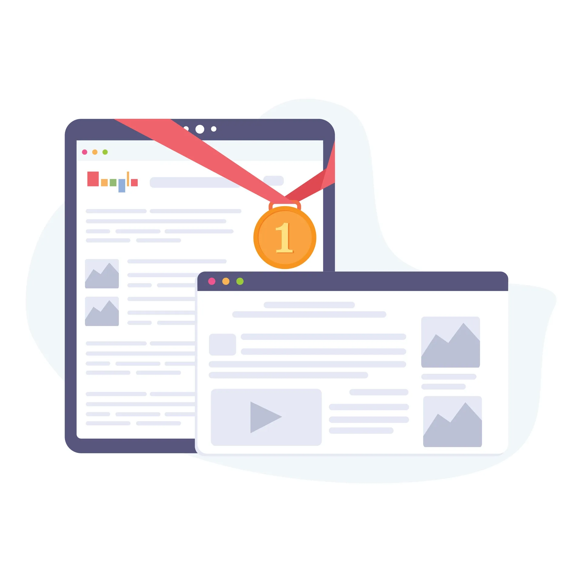 Ilustração com página de resultados de busca ao fundo, medalha de 1º lugar e janela de site em primeiro plano com placeholders de imagem e vídeo, sugerindo ranqueamento e visibilidade orgânica
