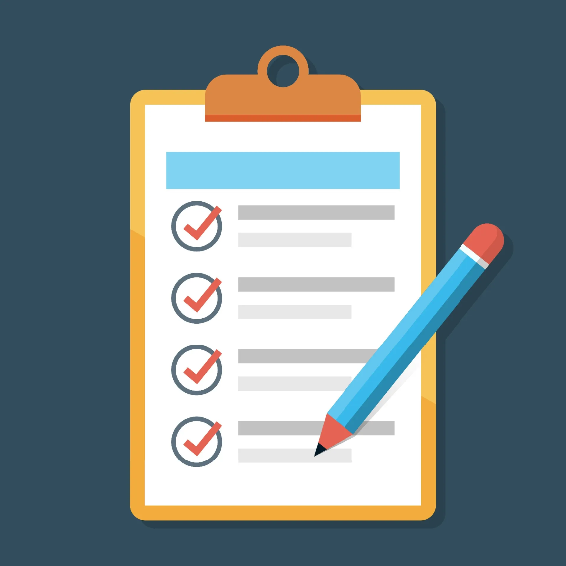 Ilustração de checklist com marcações de verificação e lápis azul sobre fundo escuro