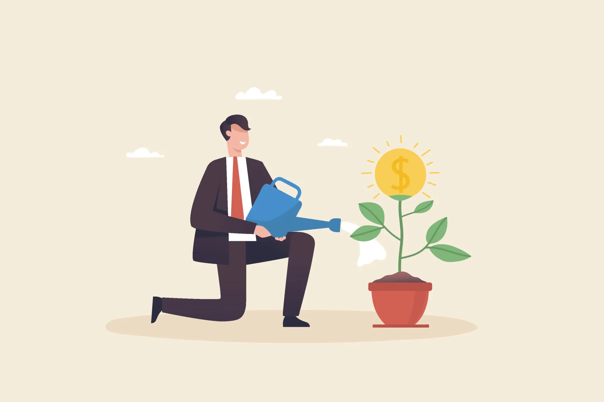 Ilustração de empresário regando planta com moeda em destaque, metáfora de crescimento financeiro e investimento