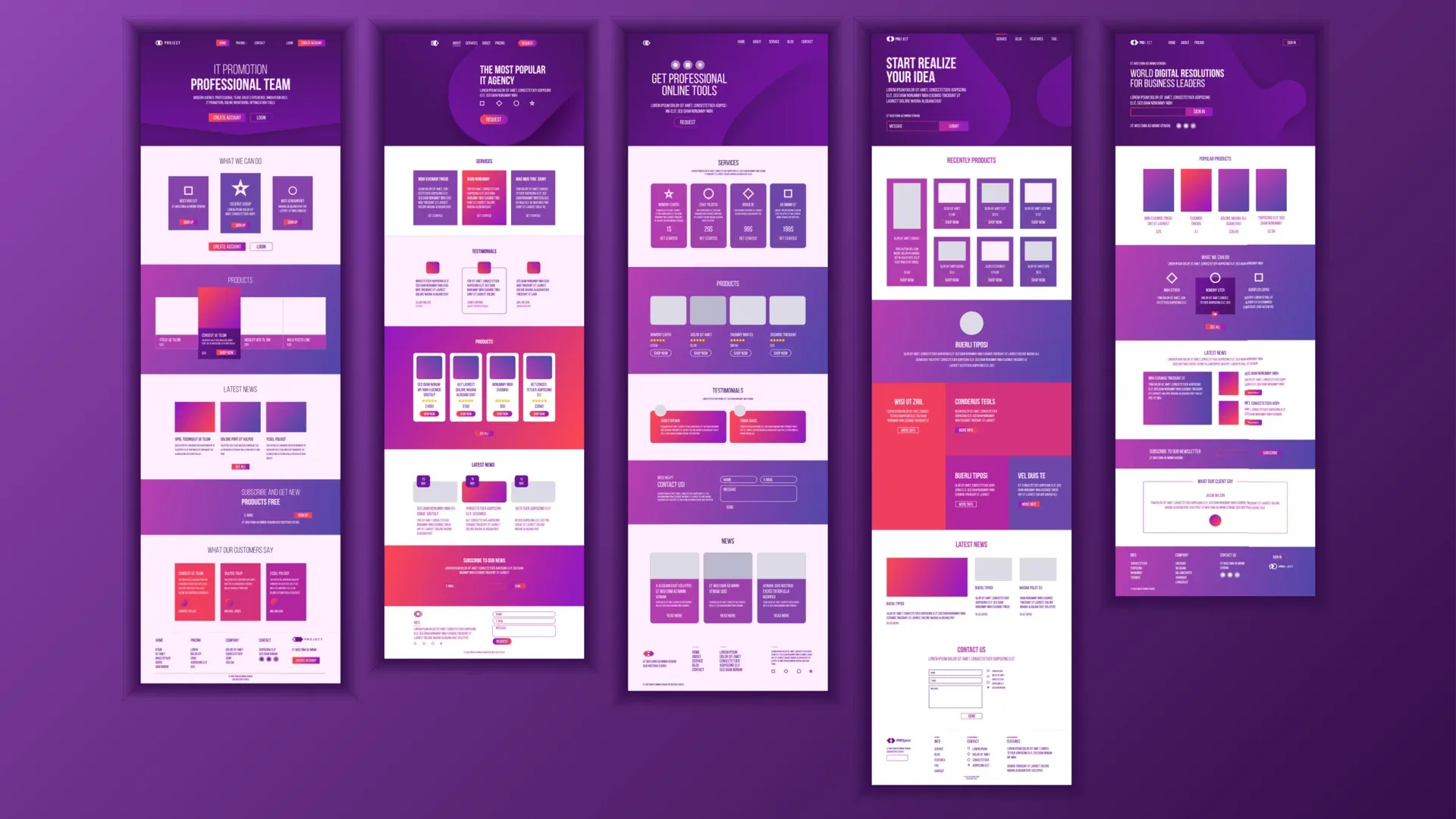 Conjunto de mockups verticais de landing pages corporativas com gradientes roxo e rosa em fundo escuro