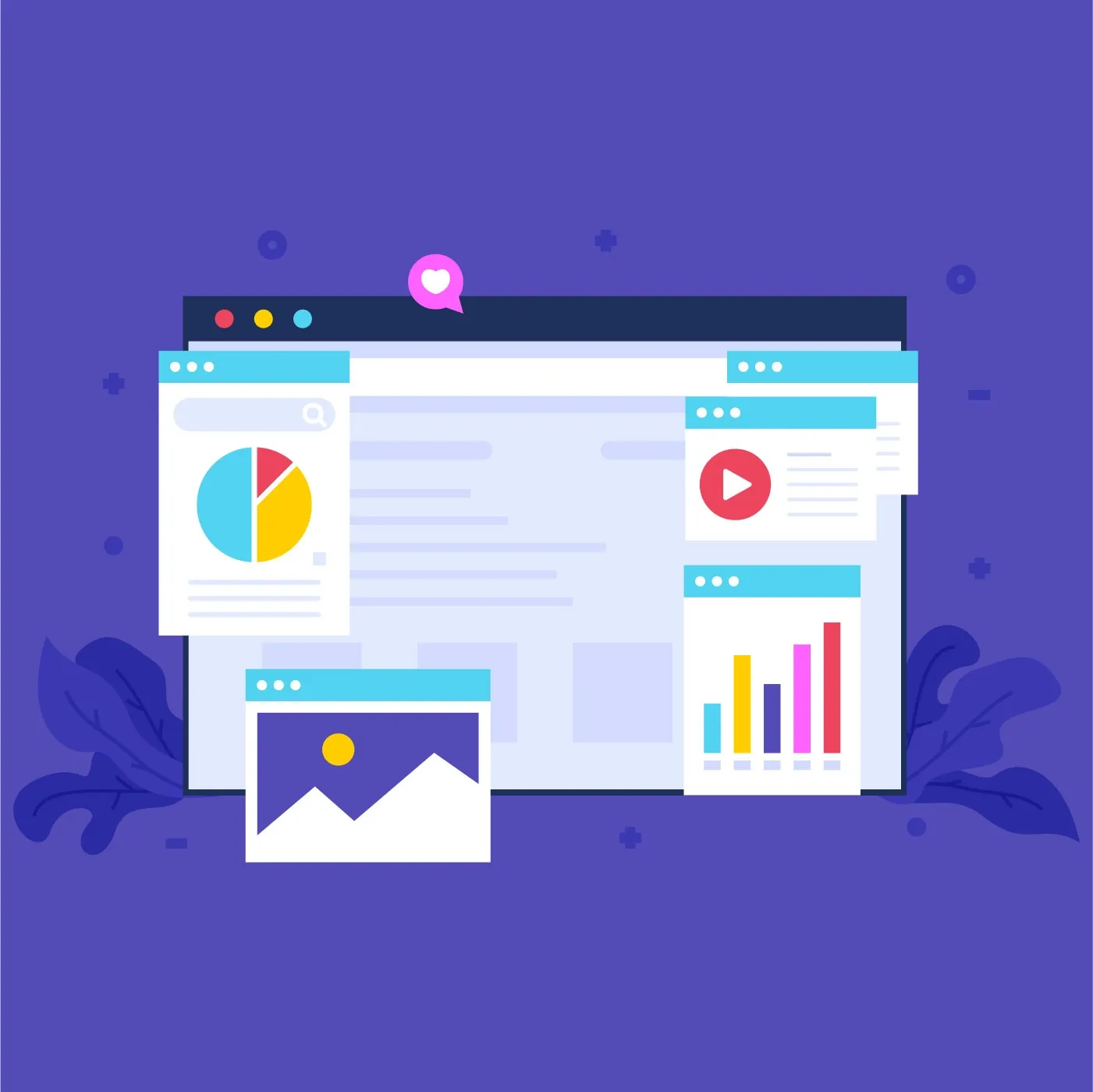 Ilustração de painel de design gráfico com gráficos, player de vídeo e editor central em fundo roxo