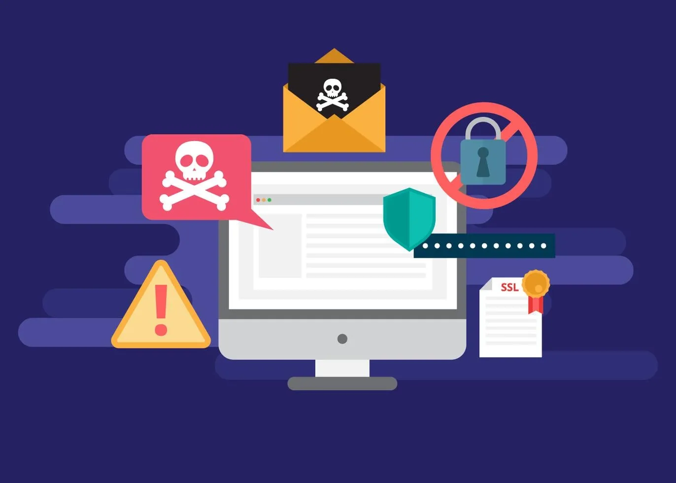 Ilustração sobre ameaças online com ícones de phishing, malware, alerta, SSL e escudo ao redor de um monitor