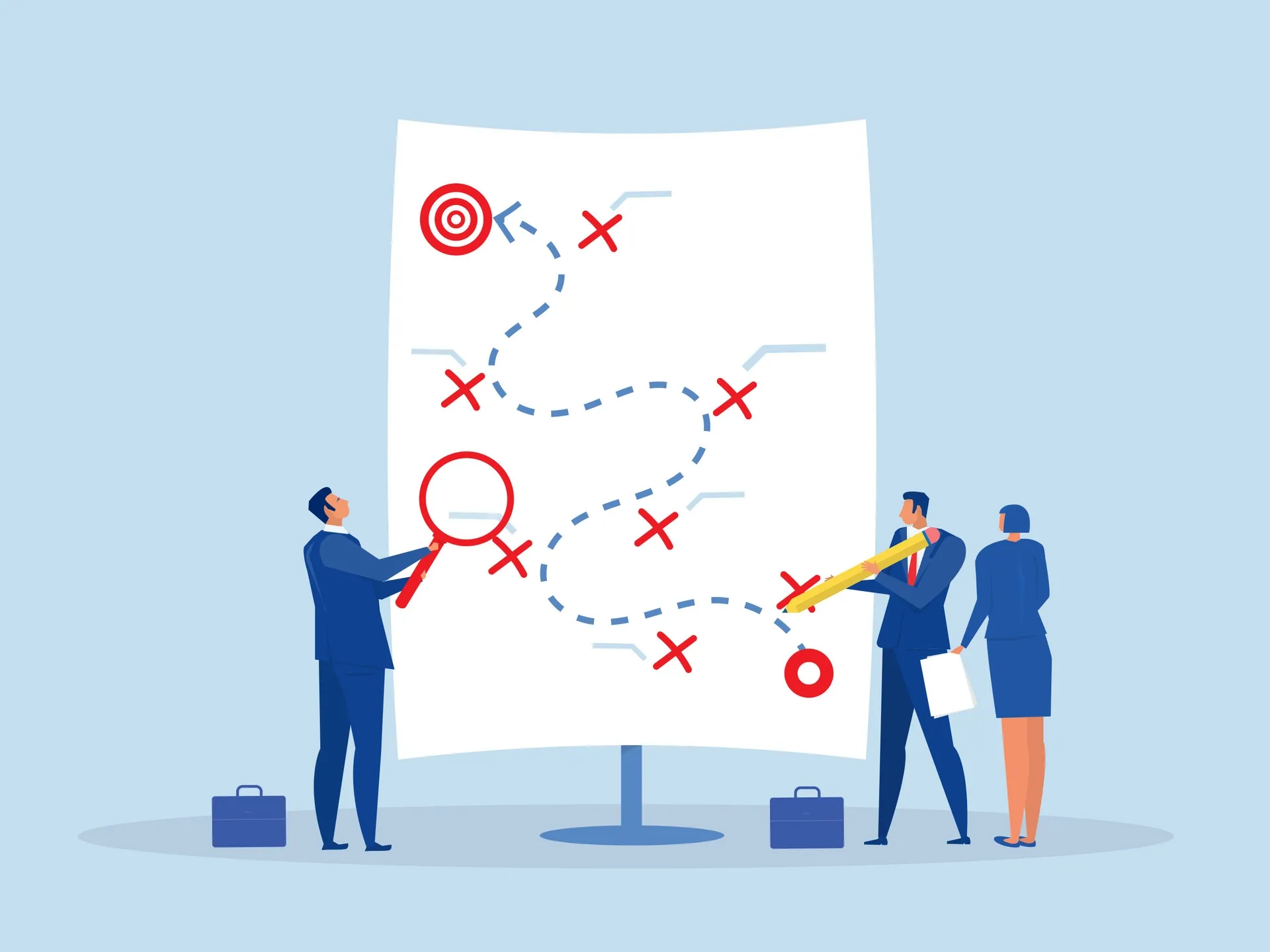 Ilustração de uma equipe analisando um mapa estratégico