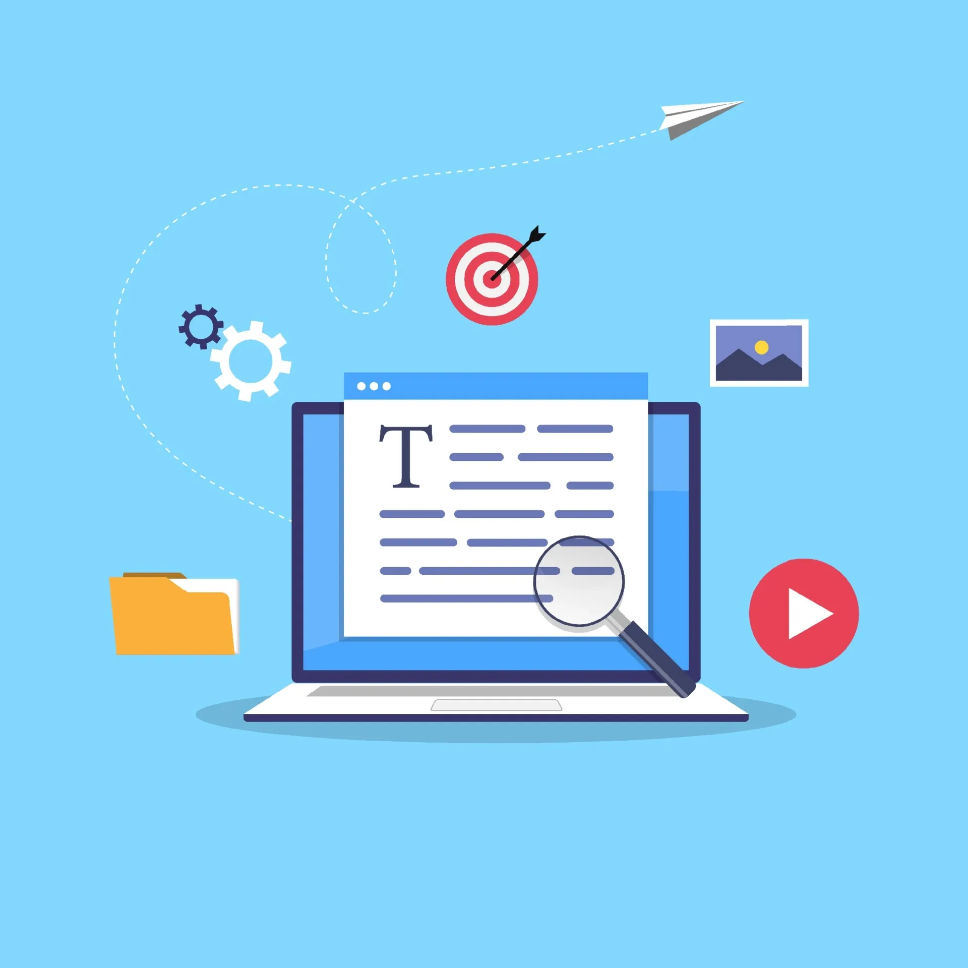 Ilustração de um notebook com uma página de texto, uma lupa sobre o conteúdo, engrenagens, um alvo, um avião de papel e um ícone de play em fundo azul