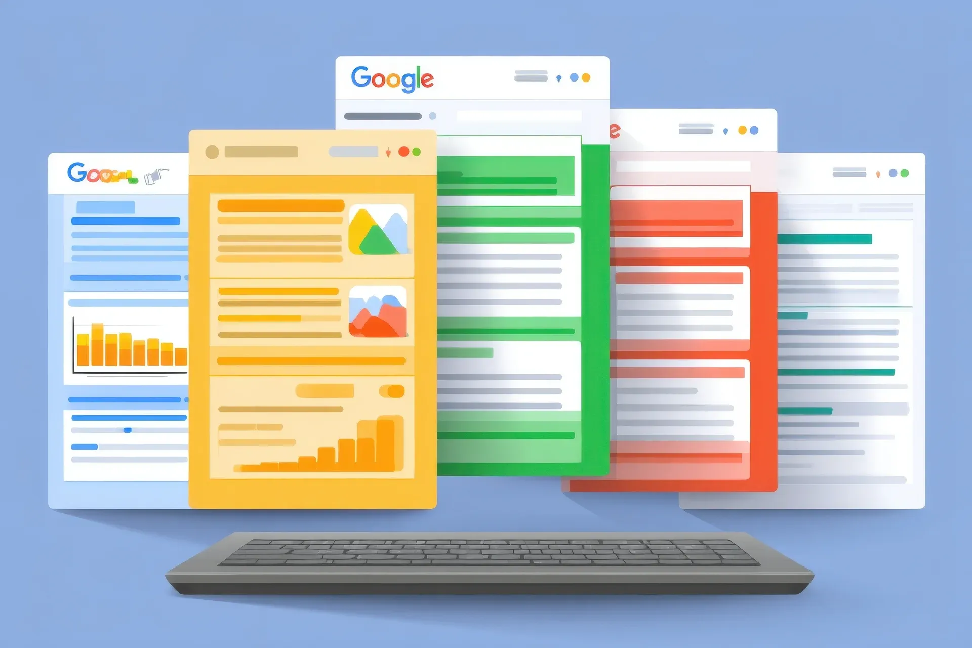 Janelas de resultados do Google com cards coloridos e gráficos sobre um notebook
