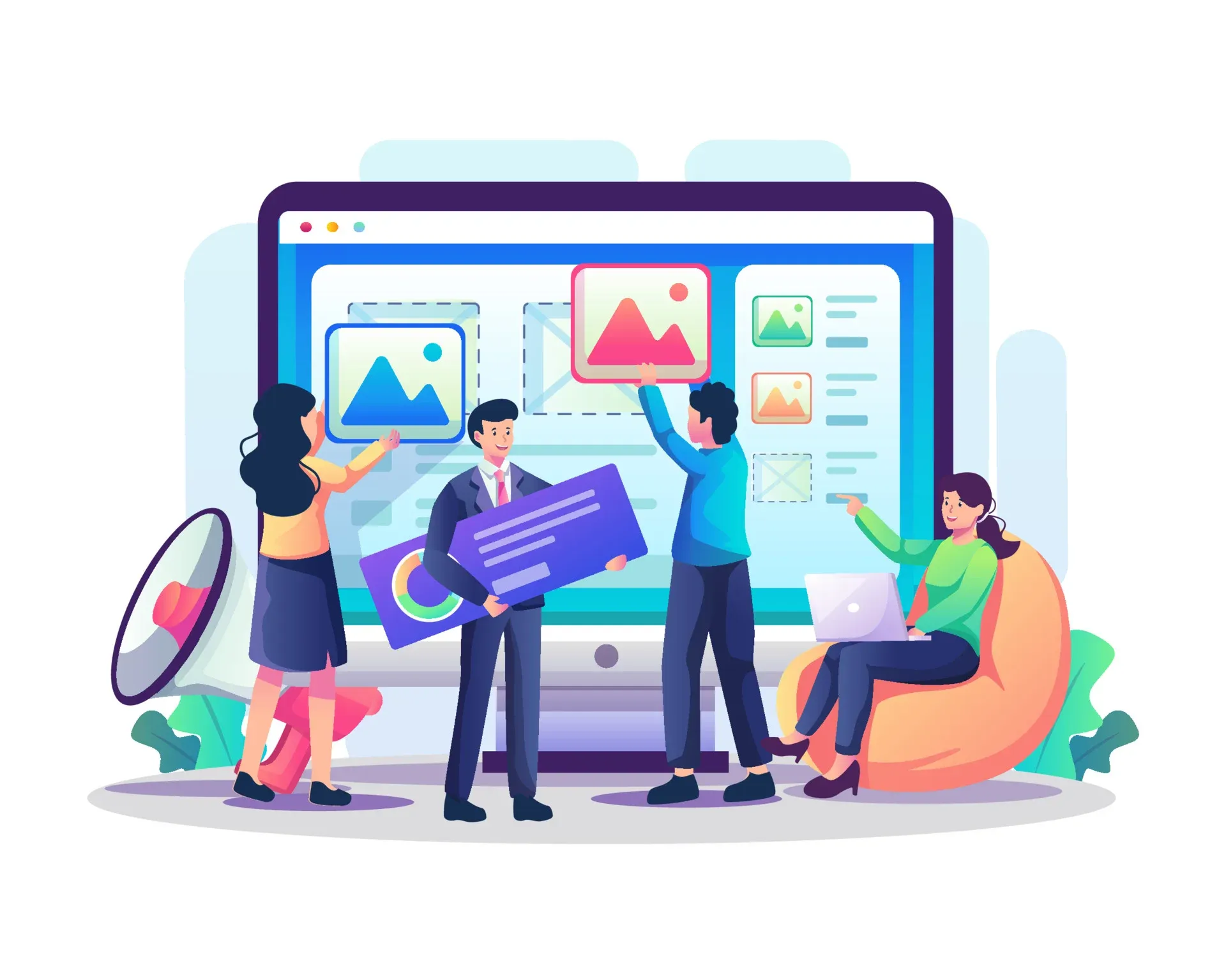 Ilustração de equipe organizando elementos visuais em uma tela digital