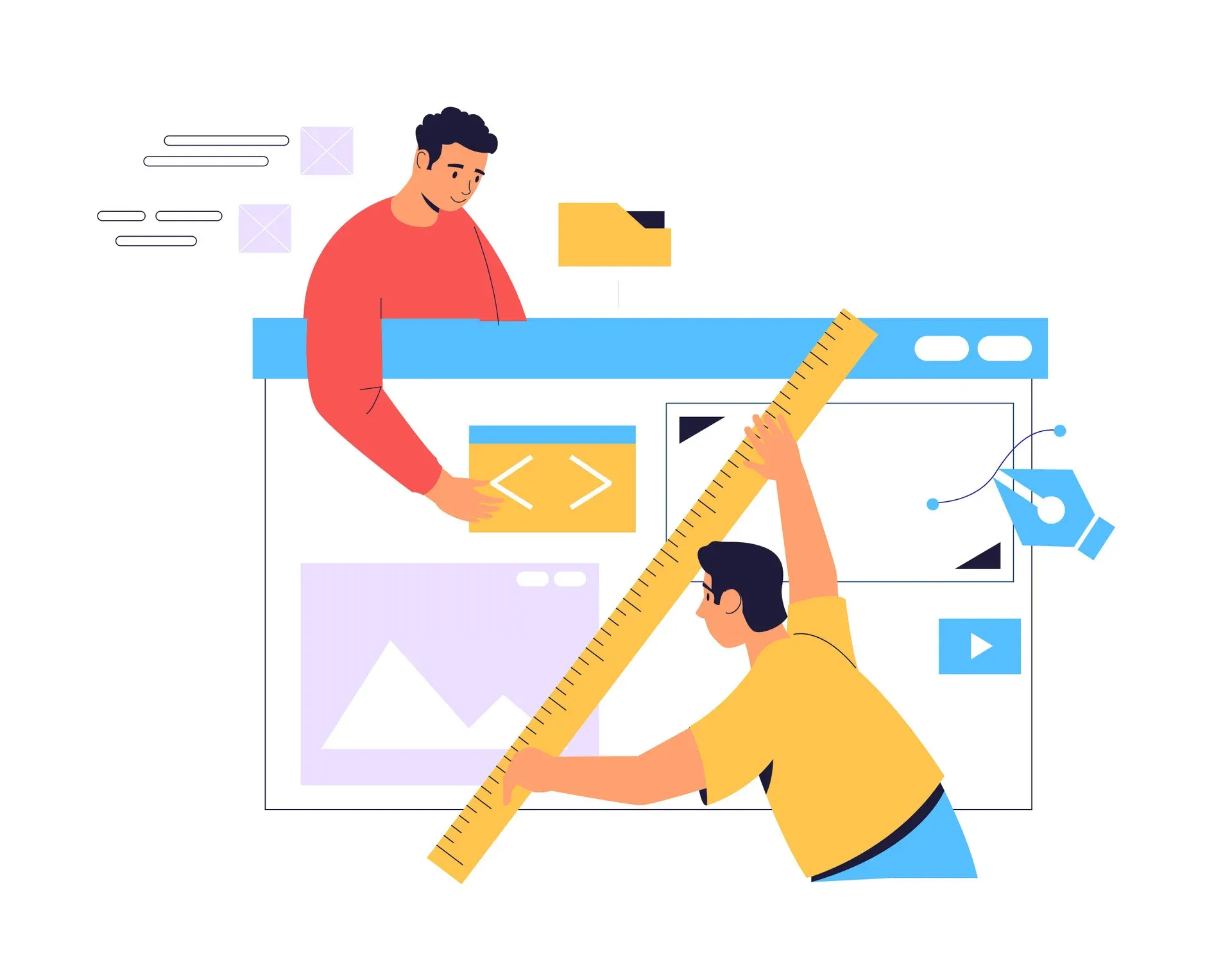 Ilustração de pessoas construindo a interface de um site