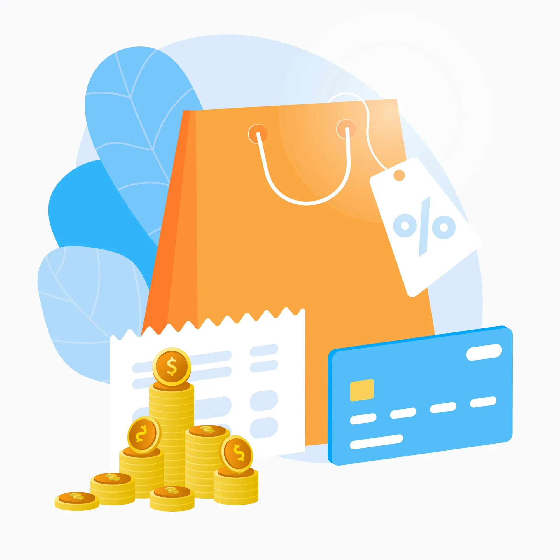 Sacola de compras com moedas, nota fiscal e cartão