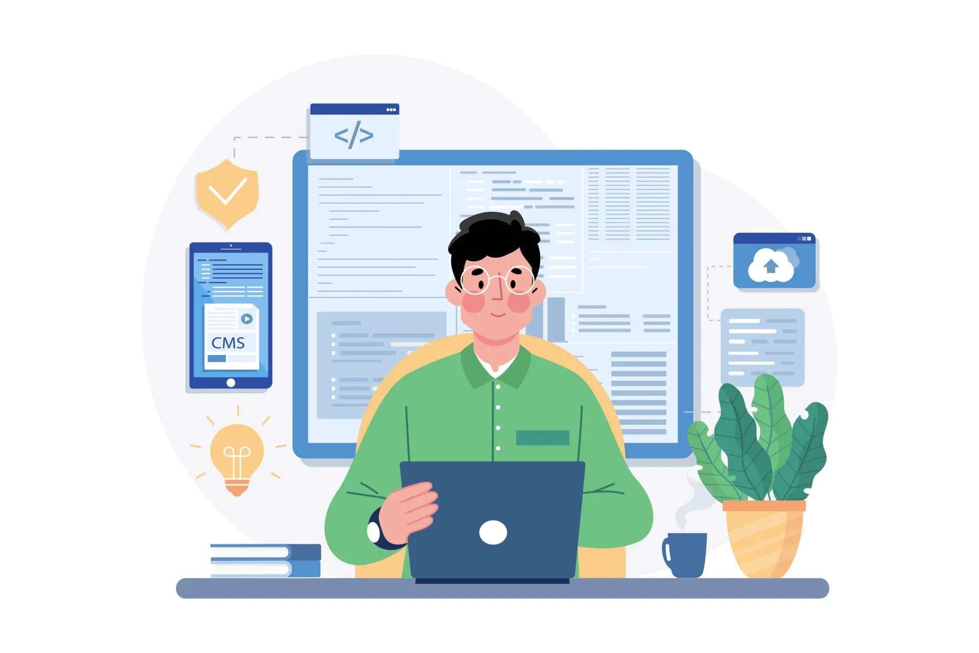 Desenvolvedor trabalhando em notebook com elementos de programação ao fundo