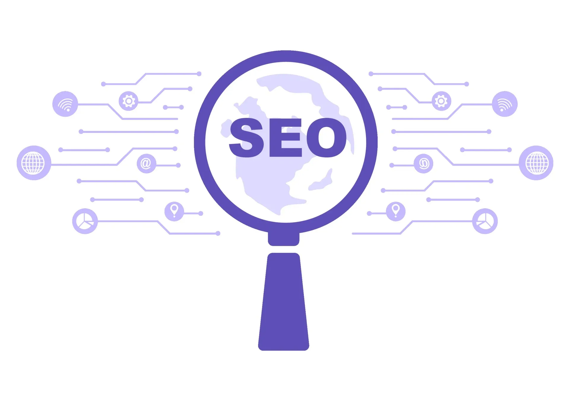 Lupa com a palavra SEO sobre o mapa do mundo