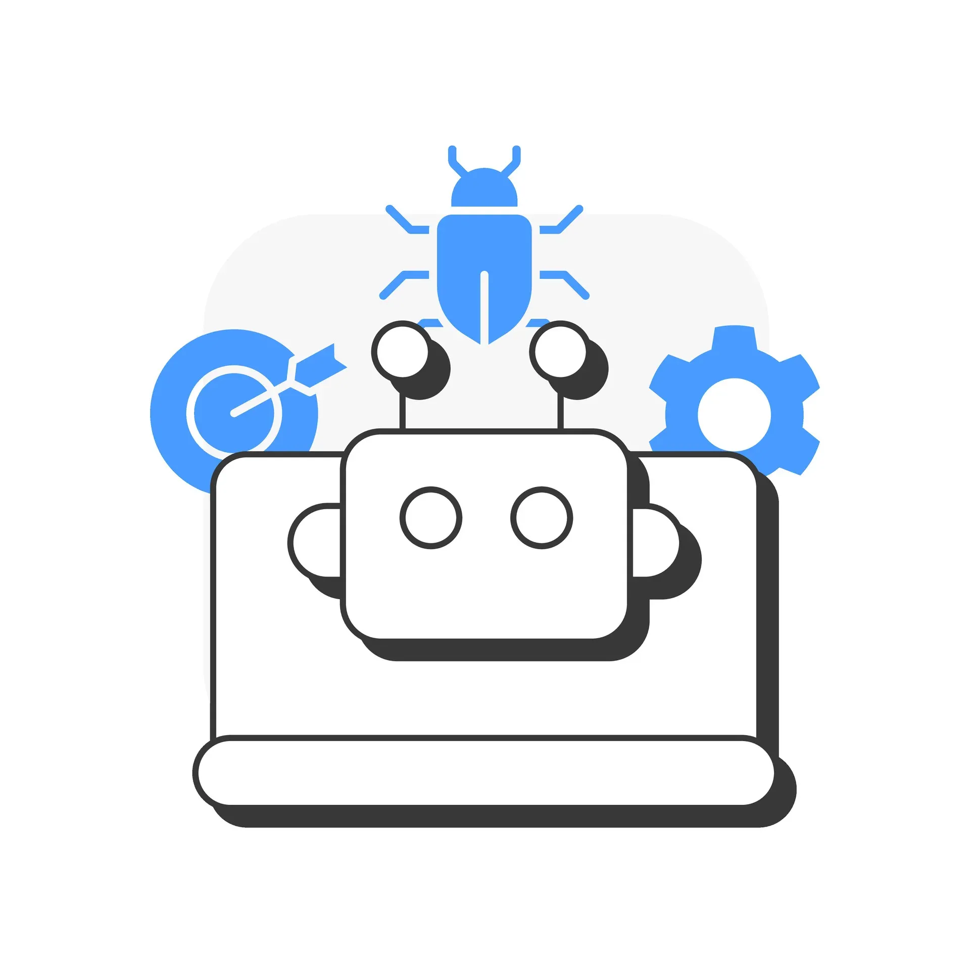 Robô em notebook com ícones de teste, erro e configuração