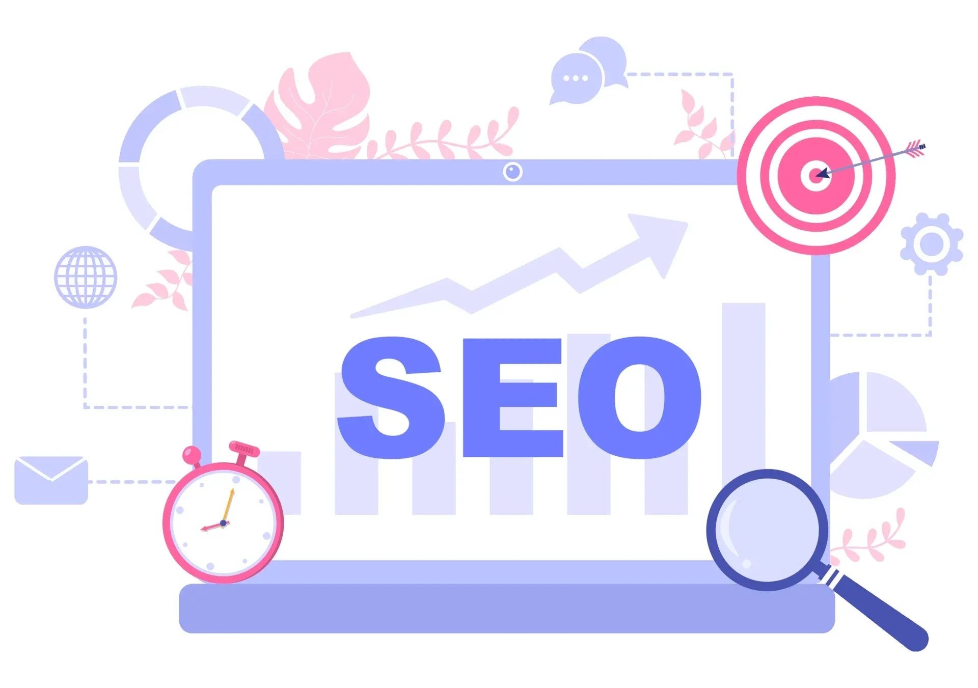 Ilustração de SEO com gráfico de crescimento, alvo e lupa
