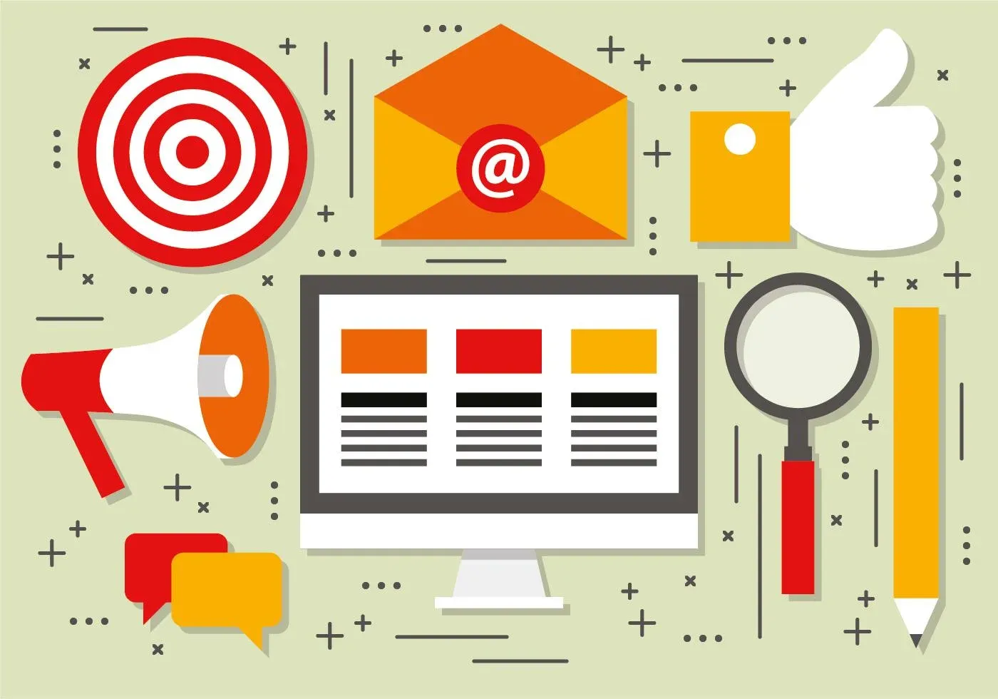 Ilustração com ícones de marketing digital ao redor de um computador