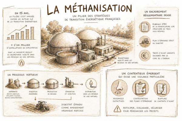 Méthanisation : ICPE rubrique 2781, plan d'épandage et tarifs d'achat