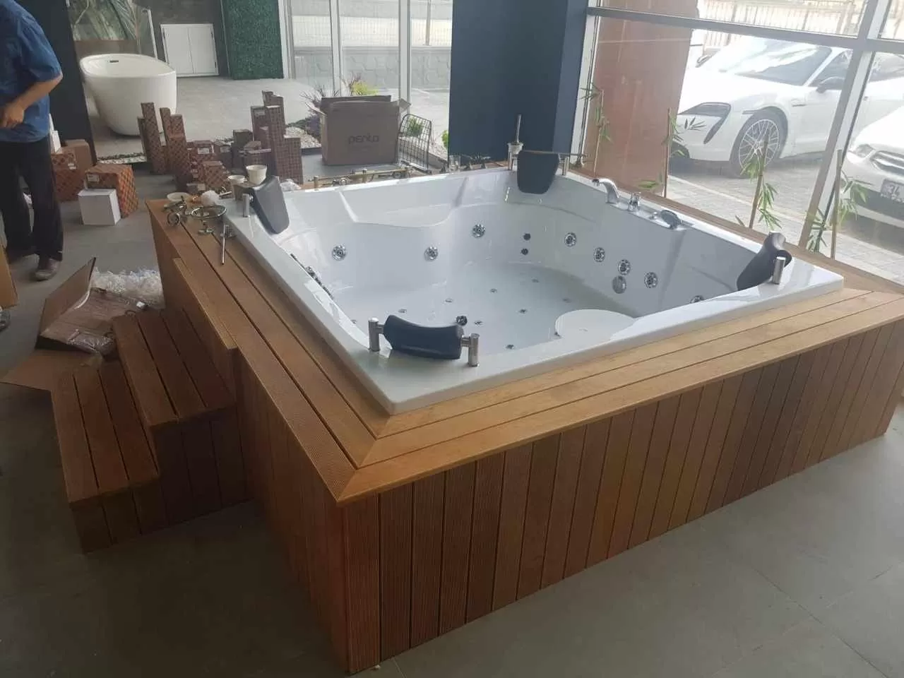 Outdoor spa wooden platform steps