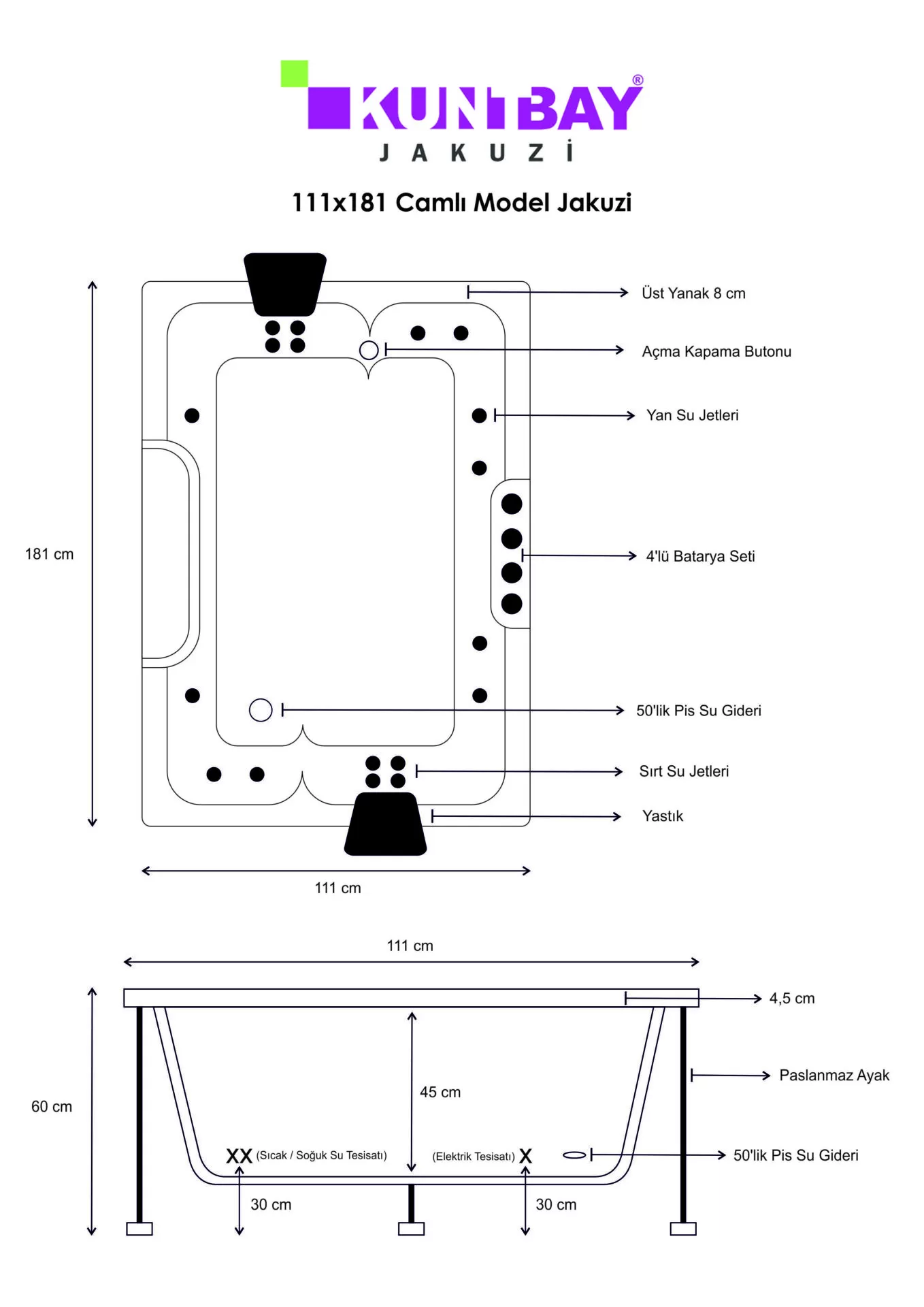 Camlı banyo jakuzi 111x181 dar ev banyosu Kuntbay