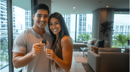 Pareja feliz en su nuevo departamento