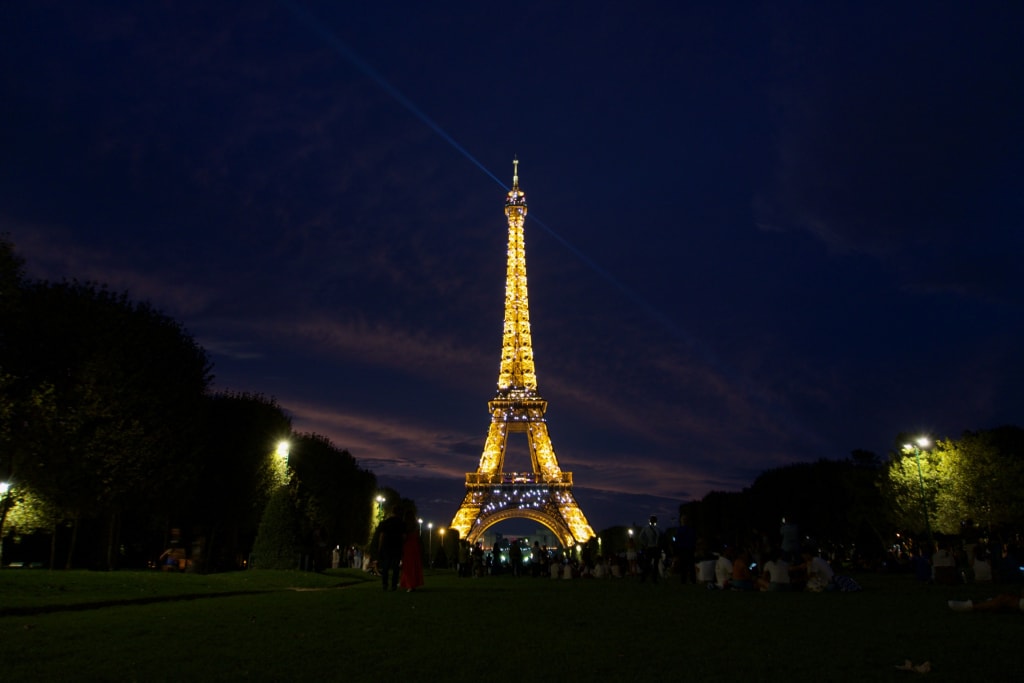 The Eiffel Tower sparkling at night