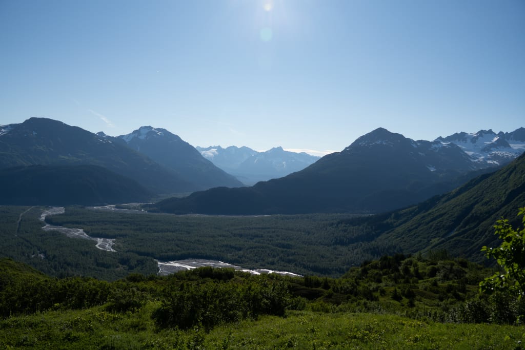 Looking back down the Harding Icefield Trail from the alpine meadows