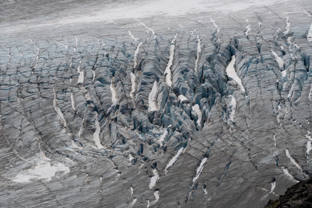 Close up view of crevasses in the Harding Icefield