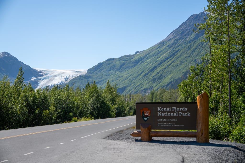 Driving along Herman Leirer Road with a view of Exit Glacier