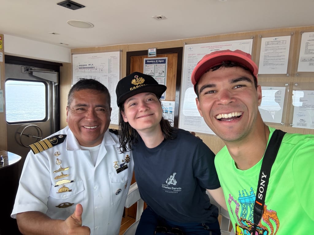 Dining with the captain on the Ecoventura yacht