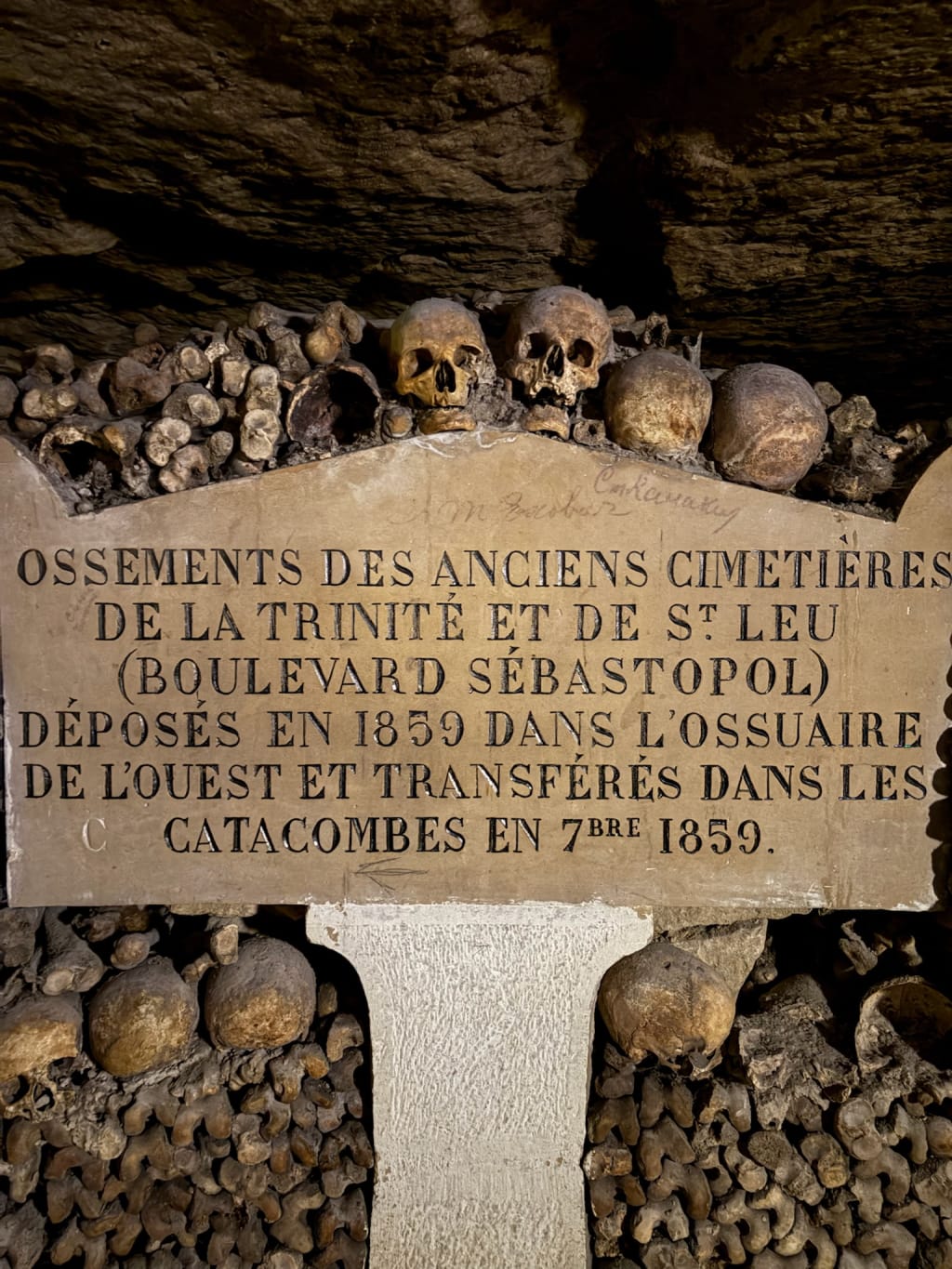 Rows of human bones in the Paris Catacombs