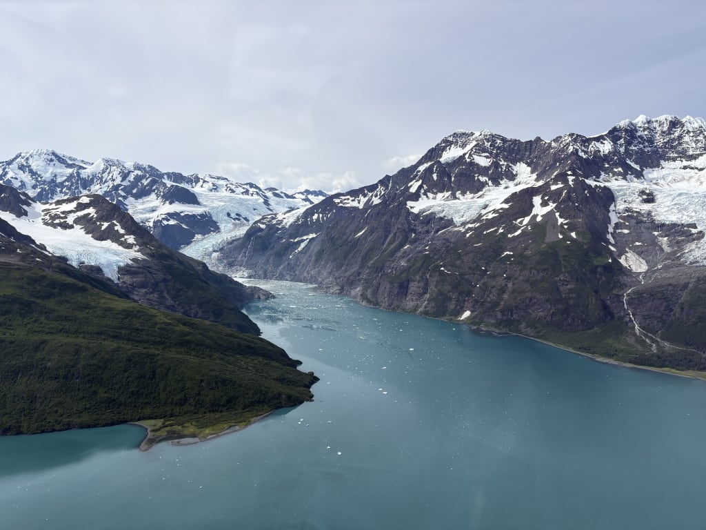 Prince William Sound and mountains seen through the helicopter window
